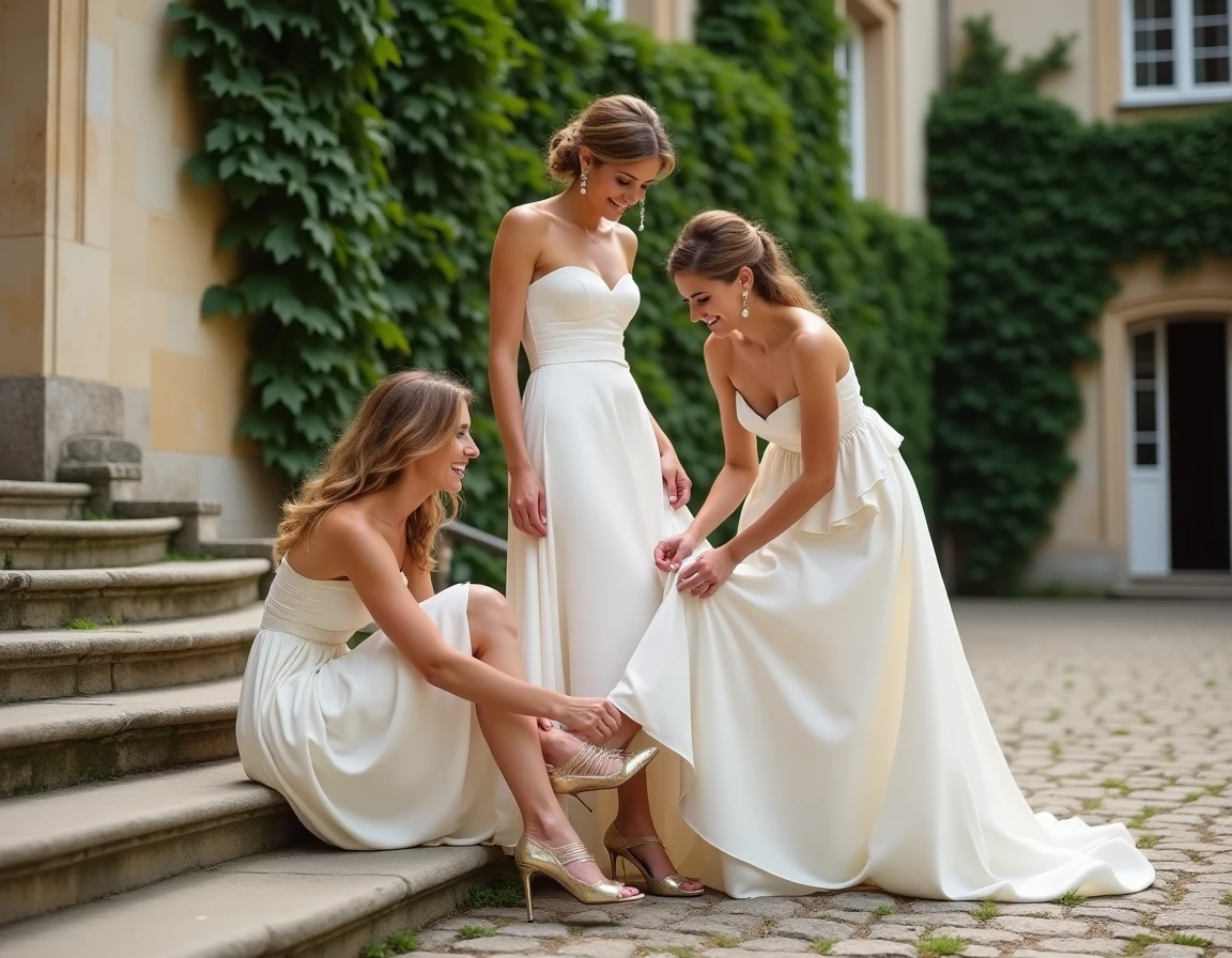 Mariée changeant de chaussures dorées sur les marches d'un château français avec son aide sa demoiselle d'honneur souriante
