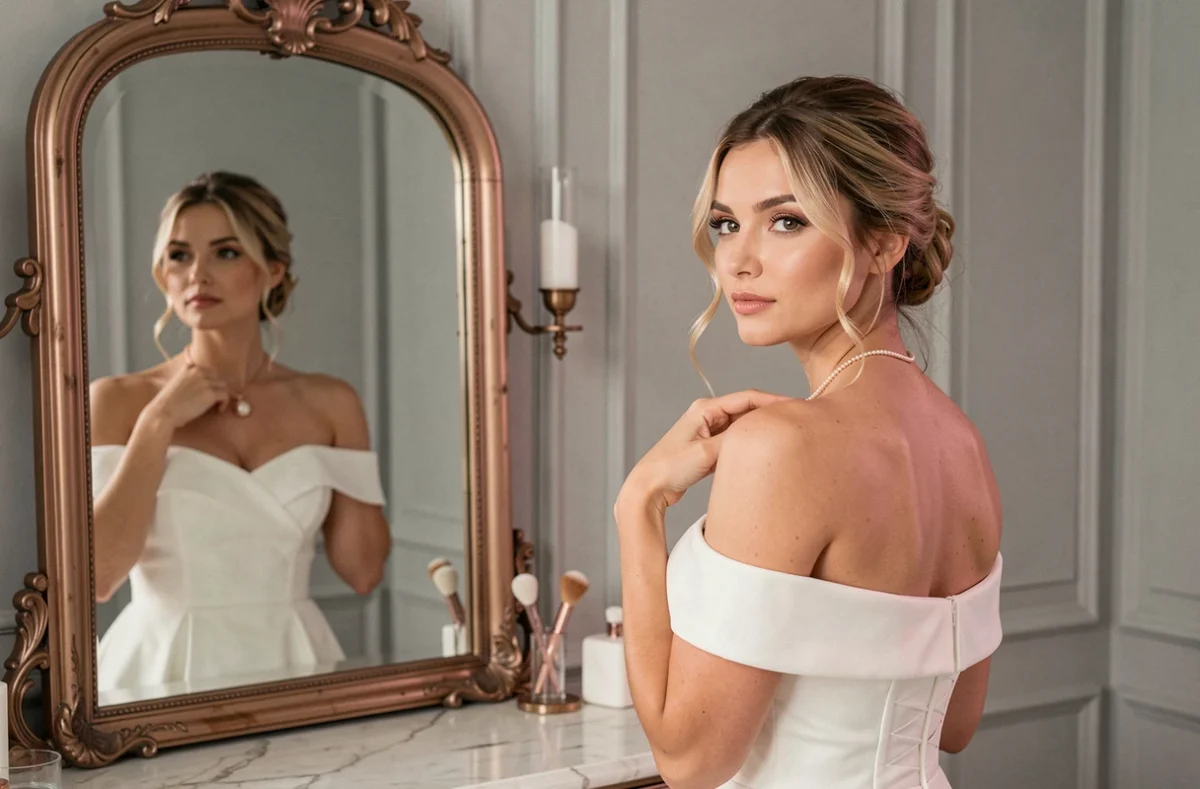 Mariée portant un collier de perles en or rose devant un miroir vintage dans une chambre de préparation élégante
