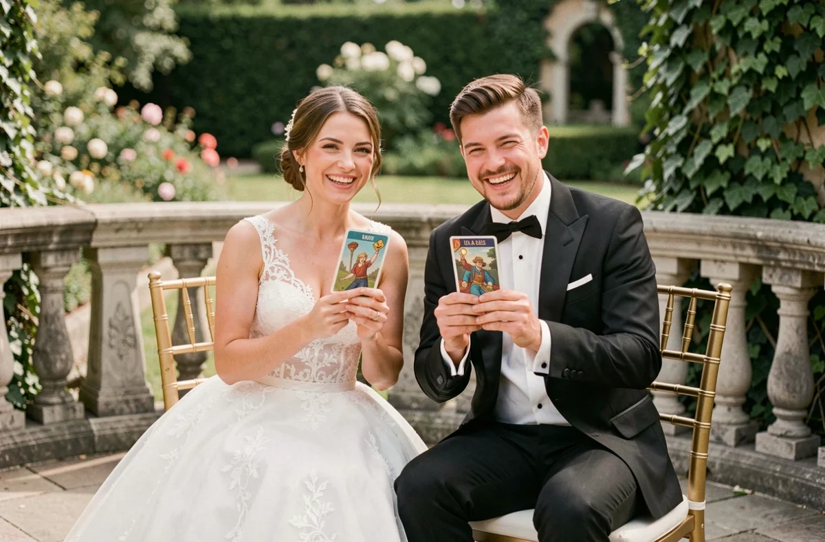 Mariés souriants tenant des cartes du jeu des douze mois lors de leur réception de mariage en extérieur