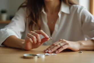 Femme mesurant la taille d'une bague avec un outil de mesure en cm sur une table en bois