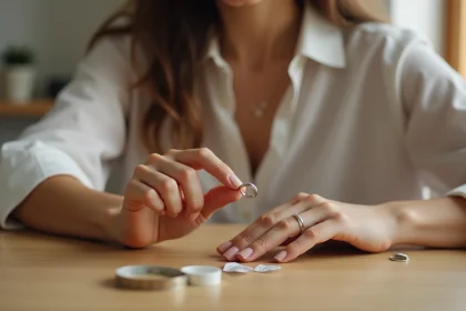Femme mesurant la taille d'une bague avec un outil de mesure en cm sur une table en bois