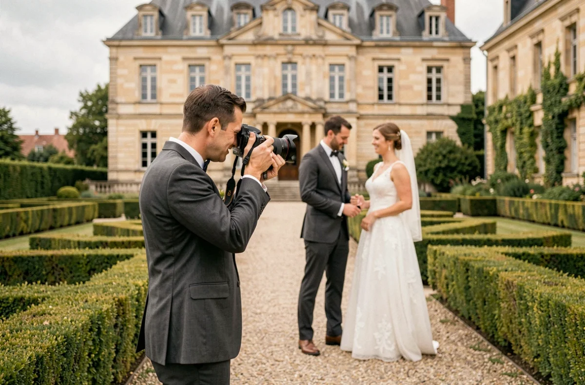 Morgan Degorre, photographe de mariage dans les Hauts-de-France, capturant un moment émouvant entre les mariés dans un jardin à la française