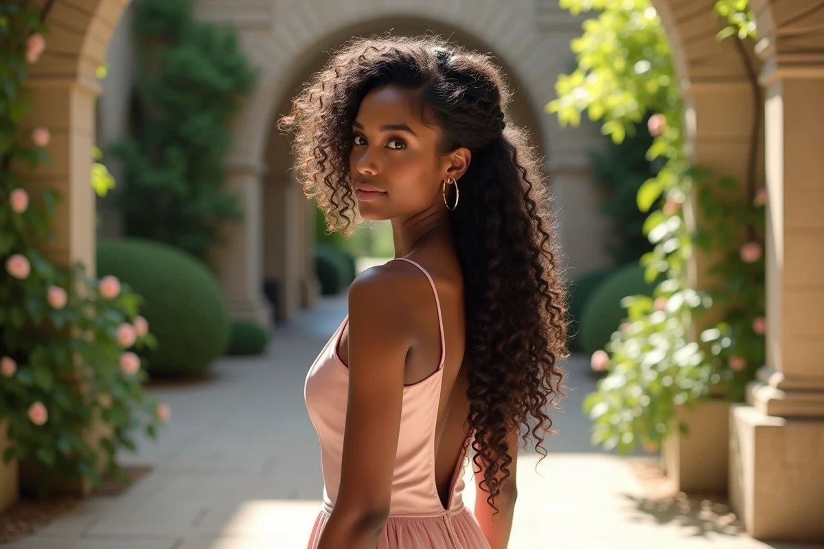 Mariée de dos avec une natte cascade sur cheveux bouclés volumineux dans un jardin de mariage avec arches en pierre et roses grimpantes