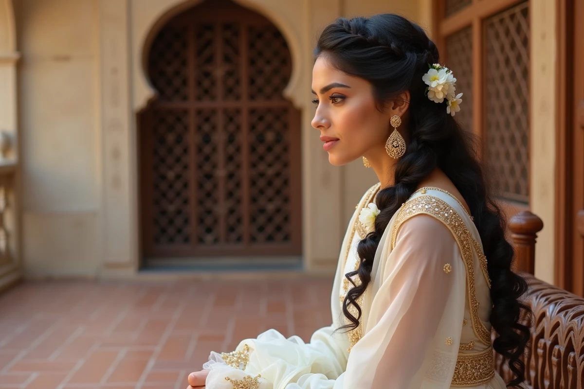 Mariée indienne avec une natte latérale basse ornée de fil doré et de fleurs de jasmin sur cheveux bouclés dans un haveli traditionnel