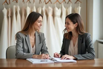 Une mariée en discussion avec une conseillère en boutique de robes de mariage pour négocier le prix