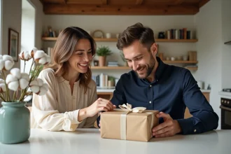 Couple fêtant leurs noces de coton autour d'une table avec un cadeau enveloppé de papier kraft dans un appartement parisien