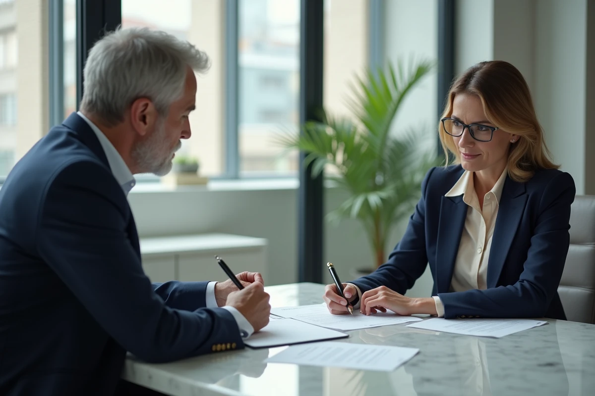 Notaire expérimentée expliquant des documents à un jeune couple