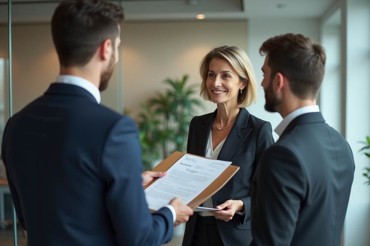 Notaire professionnel remettant un contrat de mariage à un jeune couple