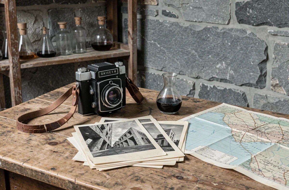 Collection d'objets photographiques vintage sur une table en chêne, appareils photo et tirages noir et blanc évoquant le photojournalisme de Lee Miller
