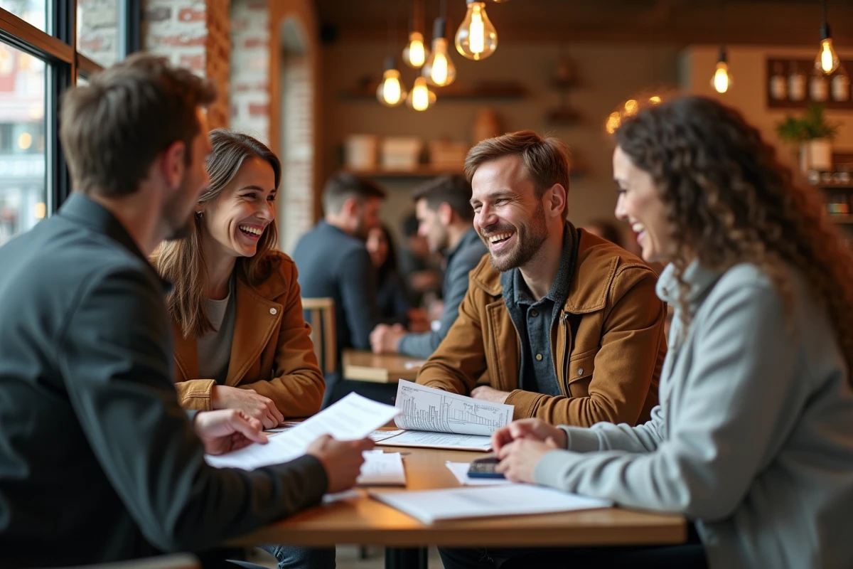 Groupe de témoins et futurs mariés organisant un mariage au Danemark autour d'une table dans un café de Copenhague