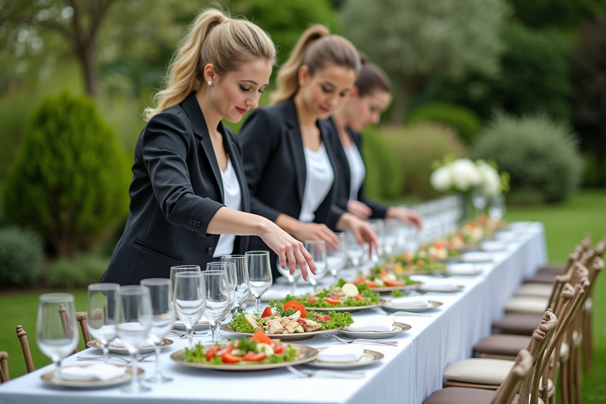 Organisatrice en extérieur ajustant un buffet dans un jardin