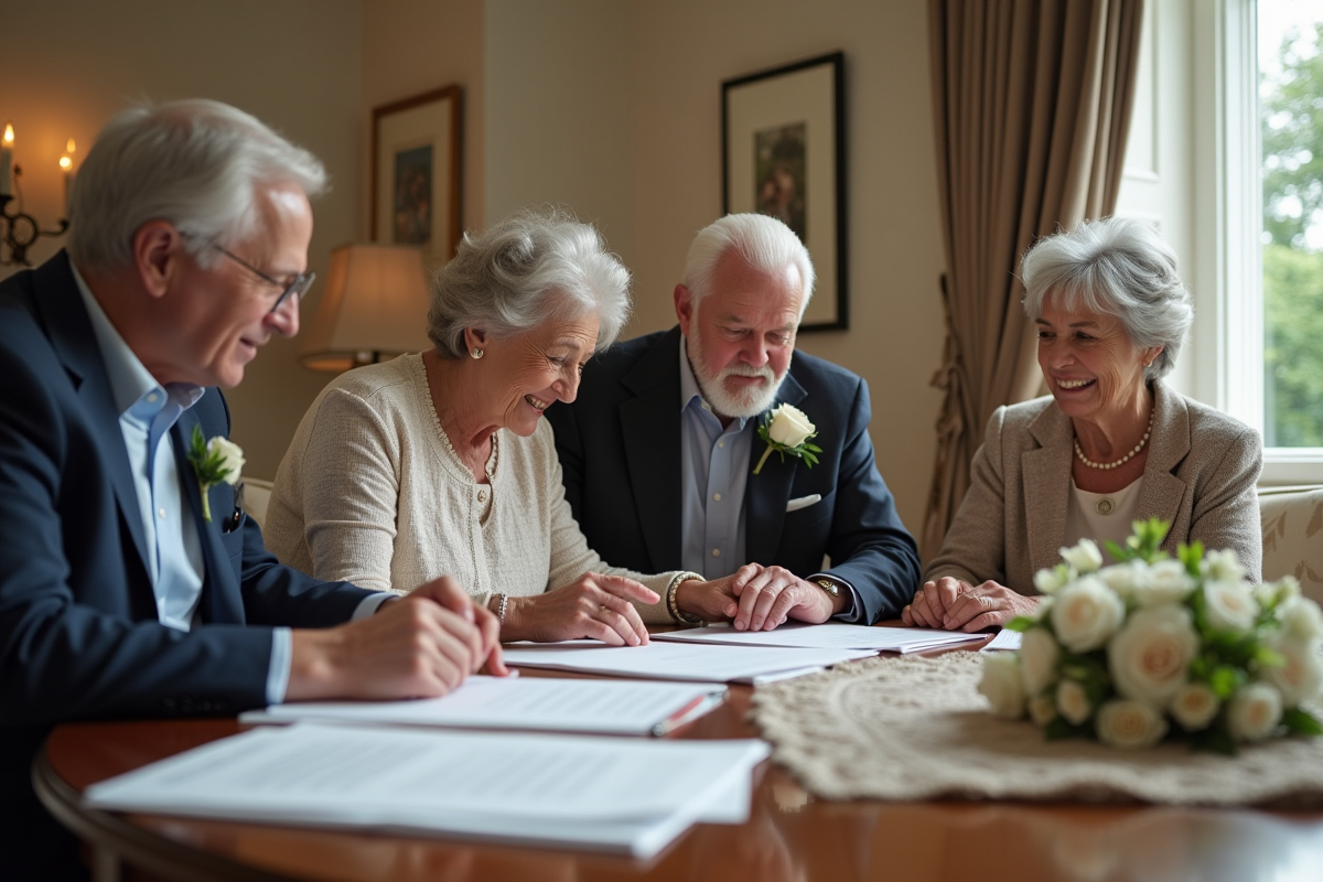 Parents examinant des documents de mariage dans la salle à manger