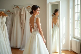 Petite mariée en robe courte en dentelle ivoire essayant sa tenue dans une boutique de robes de mariée