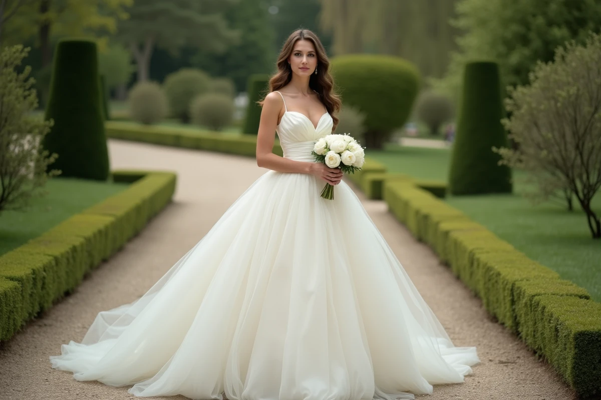 Petite mariée en robe longue volumineuse dans un jardin à la française avec bouquet de pivoines blanches