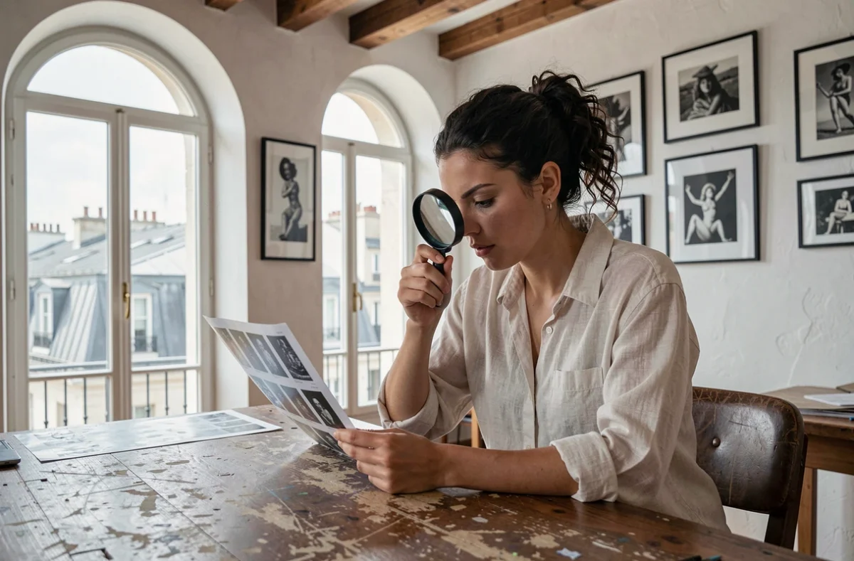 Jeune femme photographe étudiant une planche contact dans un atelier parisien avec des photographies surréalistes au mur