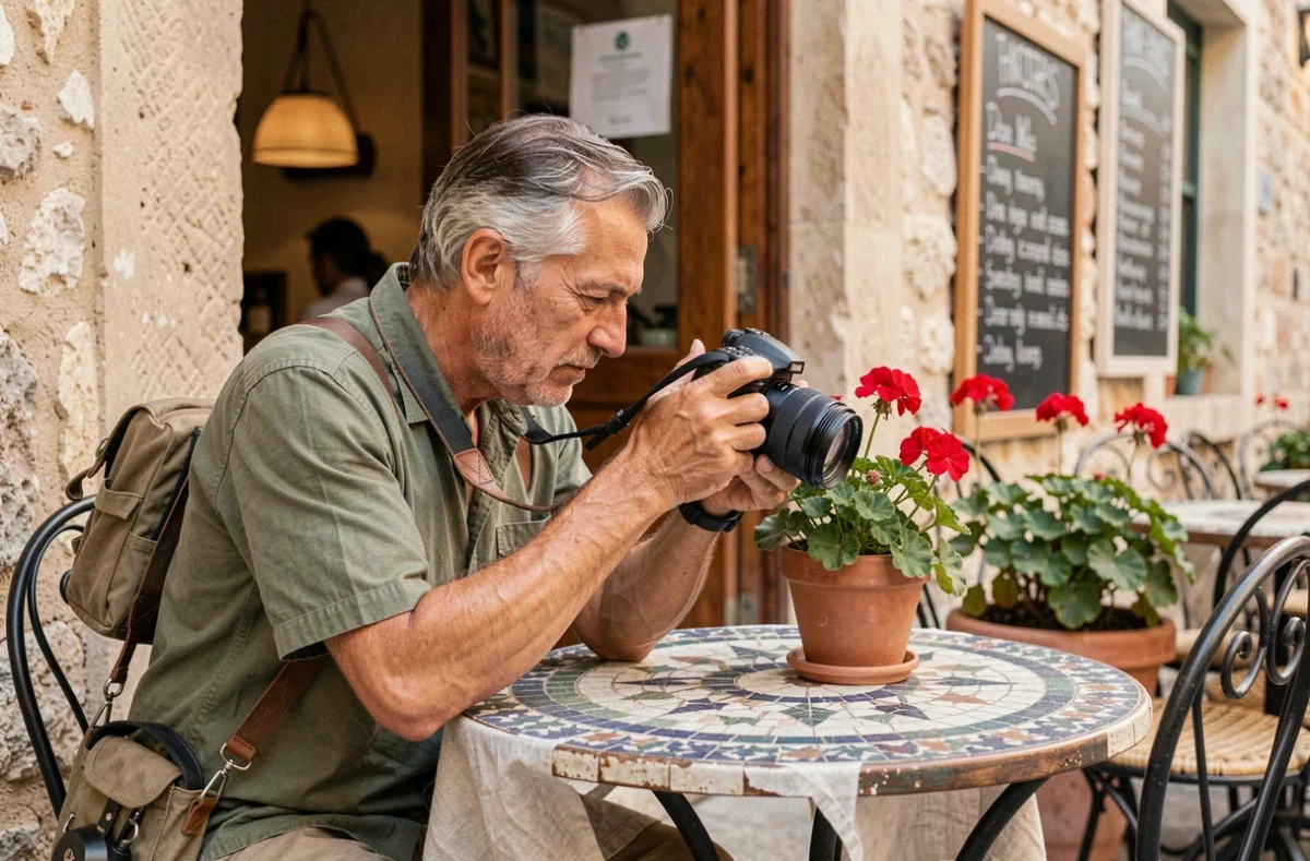 Photographe masculin consultant ses clichés sur sa caméra à la terrasse d'un café provençal à Vence
