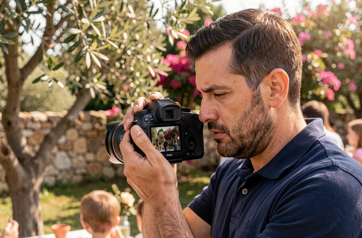 Photographe consultant ses photos sur son appareil lors d'une célébration familiale en plein air à Bastia
