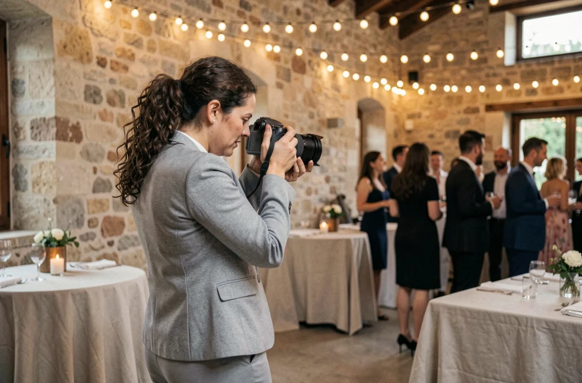 Photographe femme immortalisant un événement d'entreprise dans une salle en pierre à Bastia