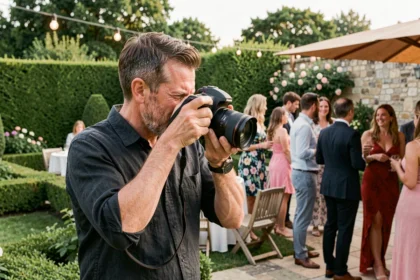 Photographe professionnel en action lors d'un événement en plein air au Bouscat, immortalisant des invités dans un jardin élégant