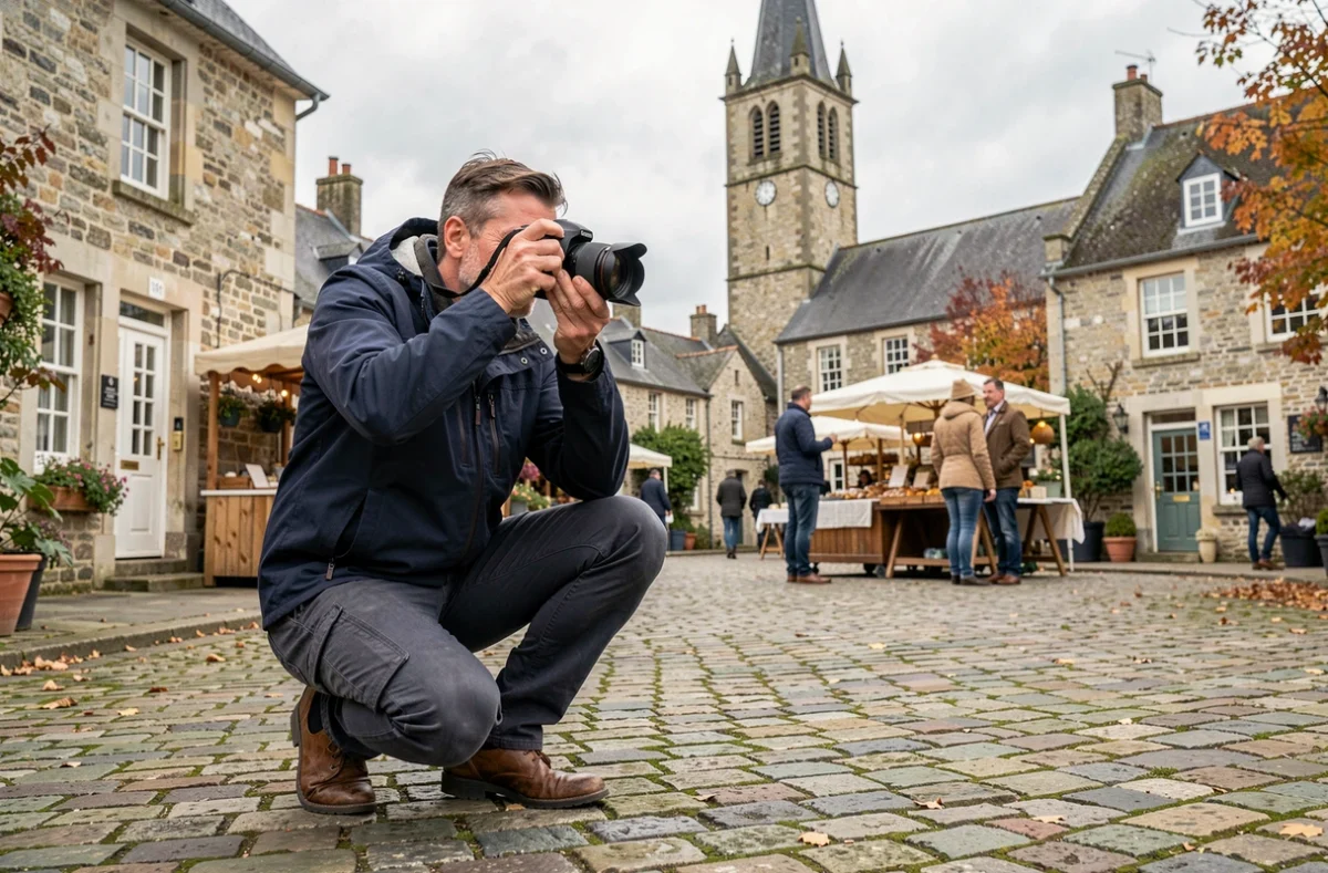 Photographe en extérieur sur une place de Villers-Bocage lors d'une séance portrait en couple