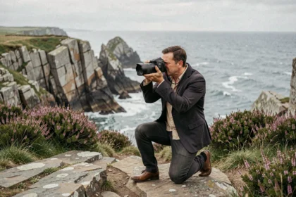 Photographe de mariage professionnel en action sur les falaises de granit de Bretagne lors d'une cérémonie en plein air