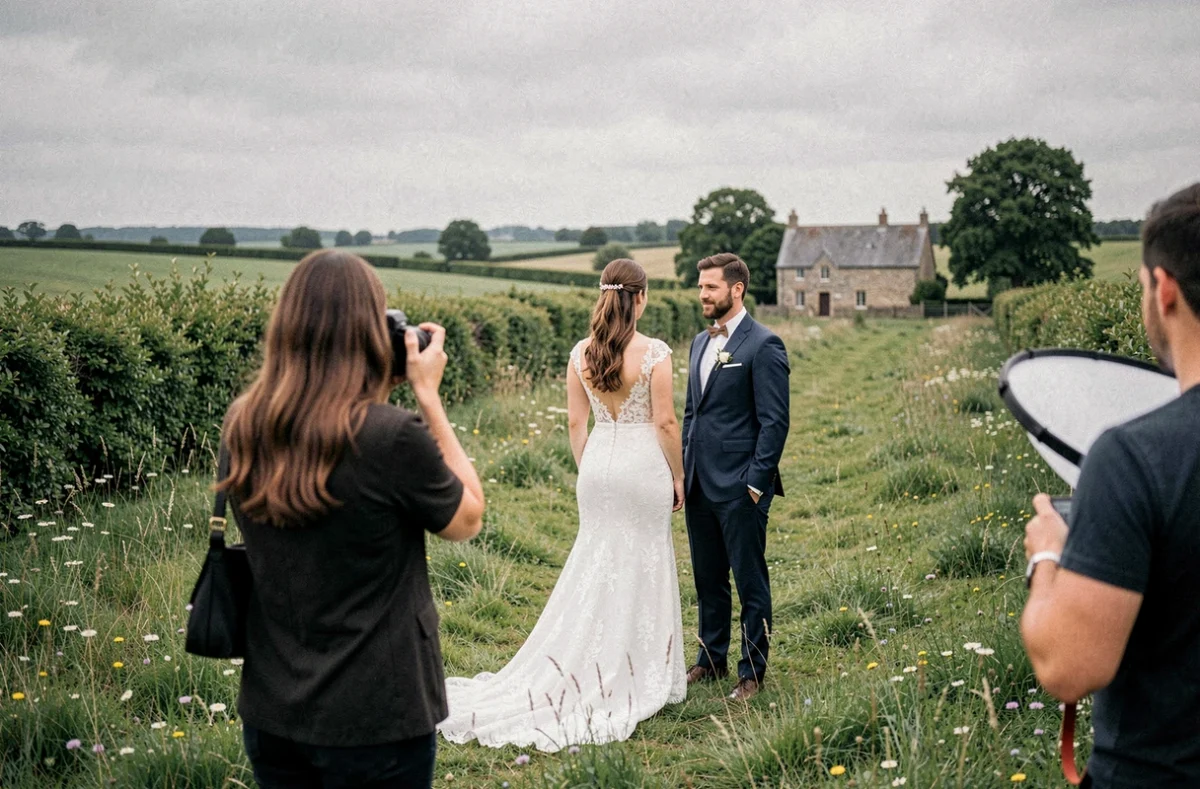 Photographe de mariage travaillant avec des mariés dans la campagne bocaine près de Villers-Bocage