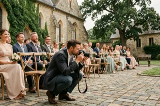 Un photographe de mariage en action lors d'une cérémonie en plein air dans les Hauts-de-France, illustrant le meilleur de la photographie de mariage régionale