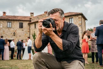 Photographe professionnel en action lors d'un mariage en extérieur à Bastia, Corse, avec architecture génoaise en arrière-plan