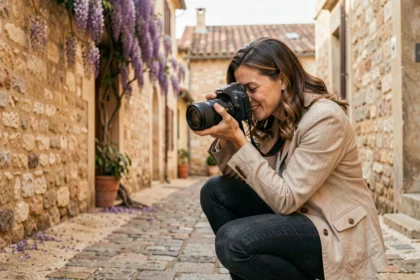 Photographe professionnelle en train de shooter dans une ruelle pavée du village de Vence avec un appareil photo reflex