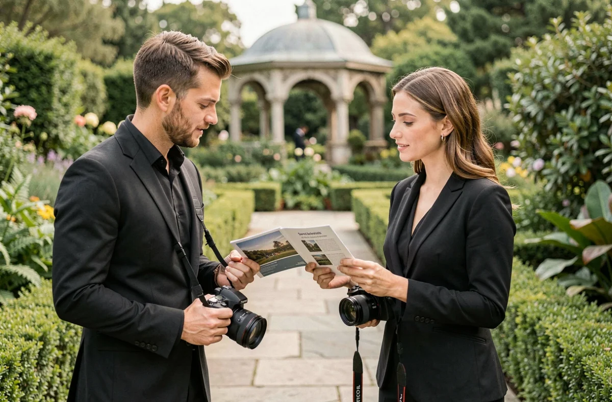 Deux photographes de mariage professionnels discutent de leurs prestations et tarifs lors d'une visite de lieu de réception en jardin