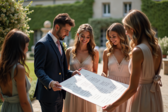 Groupe d'invites de mariage examinant le plan de table en jardin