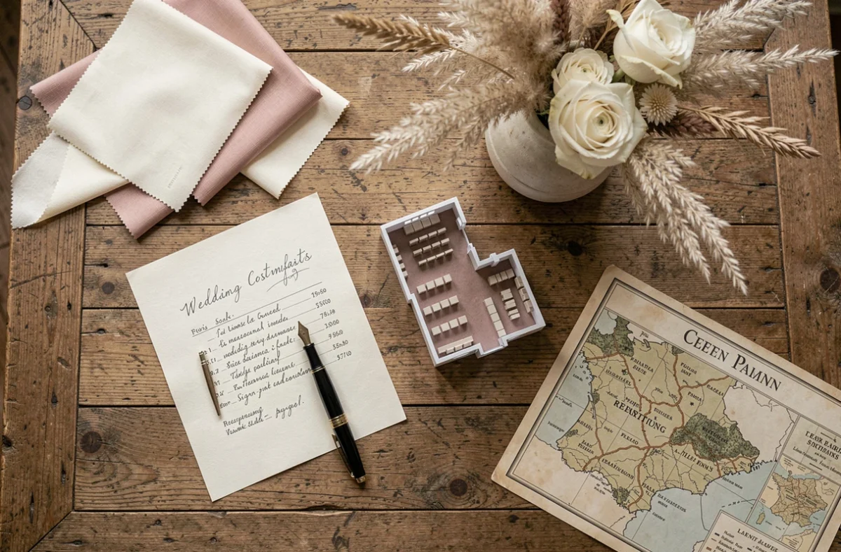 Planification d'un mariage dans un domaine français avec devis, swatches de tissus et plan de salle sur une table en chêne