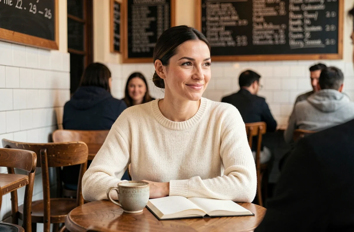 Femme souriante attablée dans un café parisien avec carnet et tasse de café, portrait lifestyle intime illustrant un moment de vie privée d'une personnalité connue du grand public