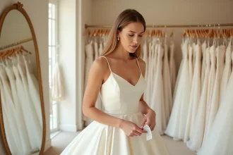 Mariée regardant étonnée le prix d'une robe de mariée dans une boutique de luxe