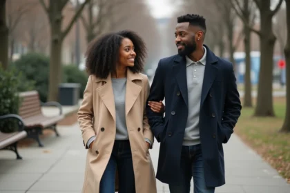 Jeune femme et homme se promenant dans un parc urbain