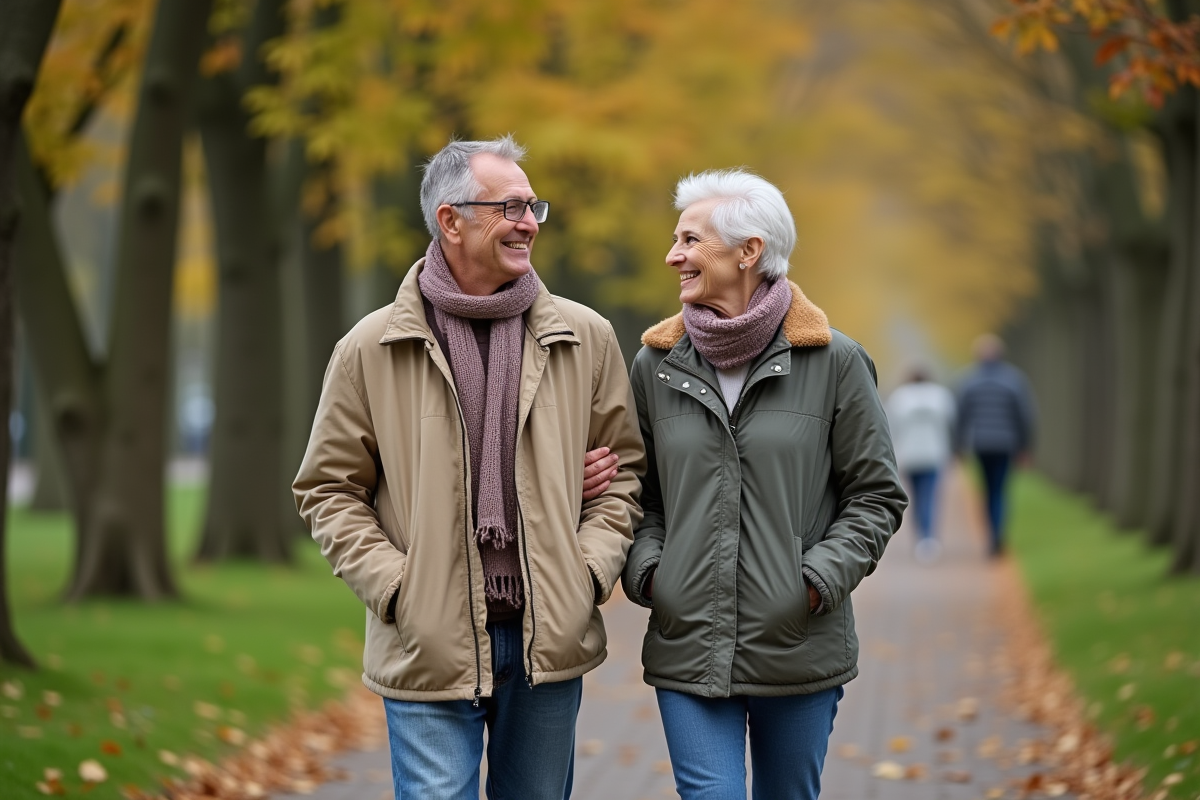 Couple marchant dans un parc en automne