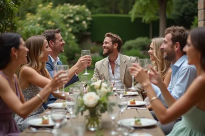 Groupe d'amis riant lors d'une reception de mariage en plein air