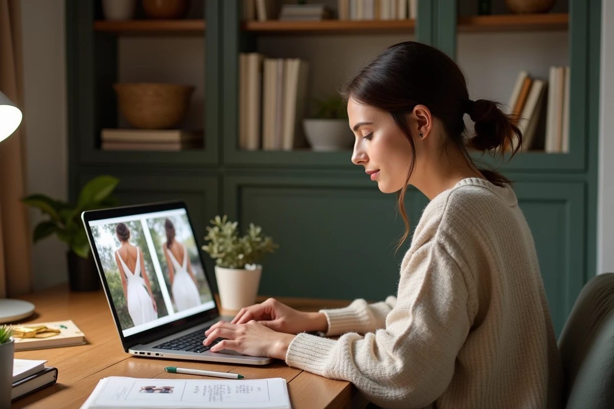 Femme recherchant des robes de mariée abordables en ligne depuis son bureau à domicile