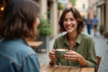 Deux voisines se rencontrant pour la première fois dans un café de quartier autour d'un café, ambiance conviviale et détendue