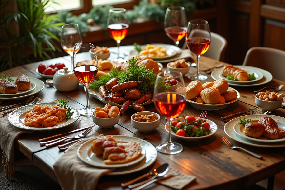 Repas familial festif vu du dessus avec vin rouge et décoration