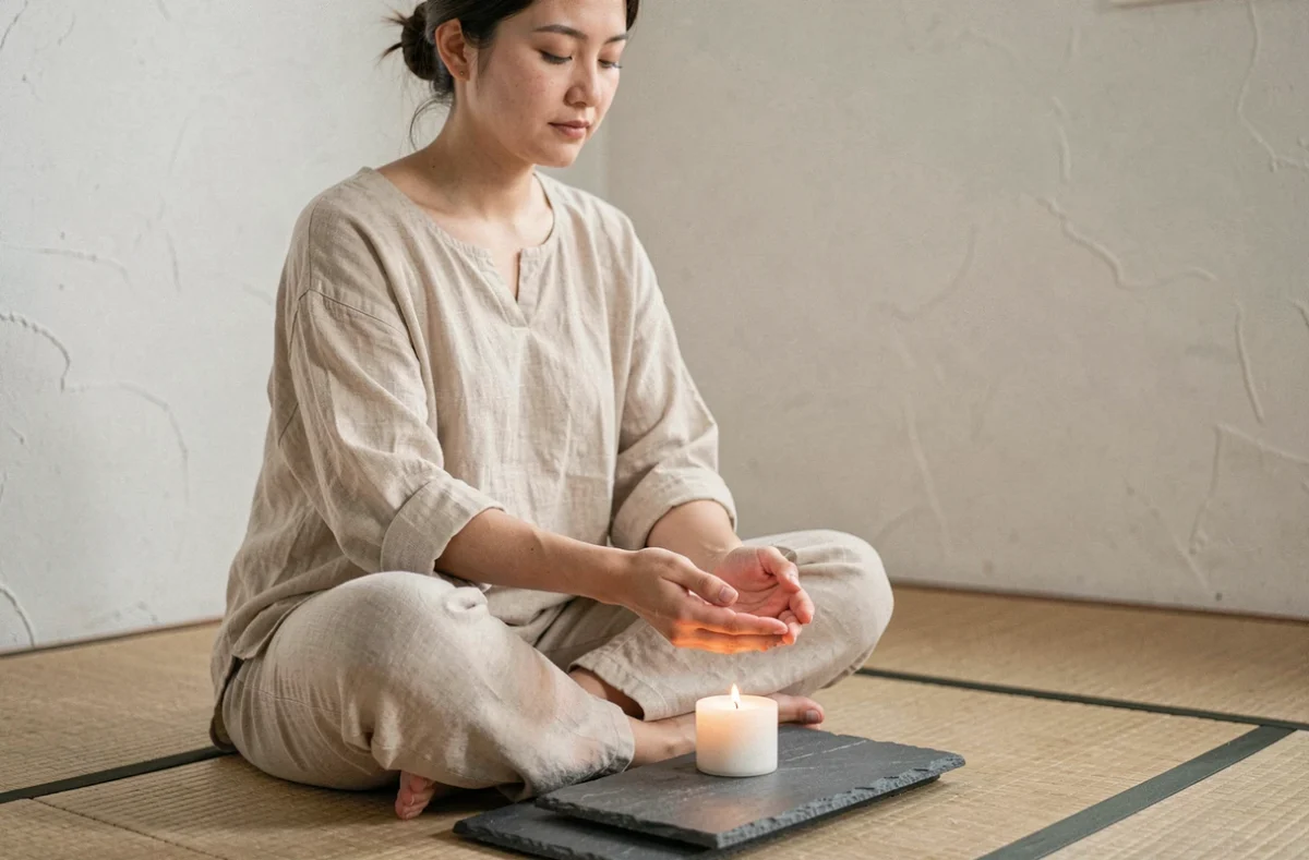 Femme tenant une bougie courte dans ses mains lors d'un rituel minimaliste inspiré de l'esthétique japonaise wabi-sabi