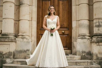 Femme portant une robe blanche en dentelle pour mariage civil devant une mairie française en 2026