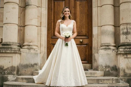 Femme portant une robe blanche en dentelle pour mariage civil devant une mairie française en 2026