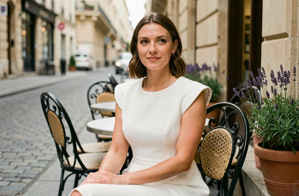 Robe blanche minimaliste tendance pour mariage civil portée dans un café parisien en 2026