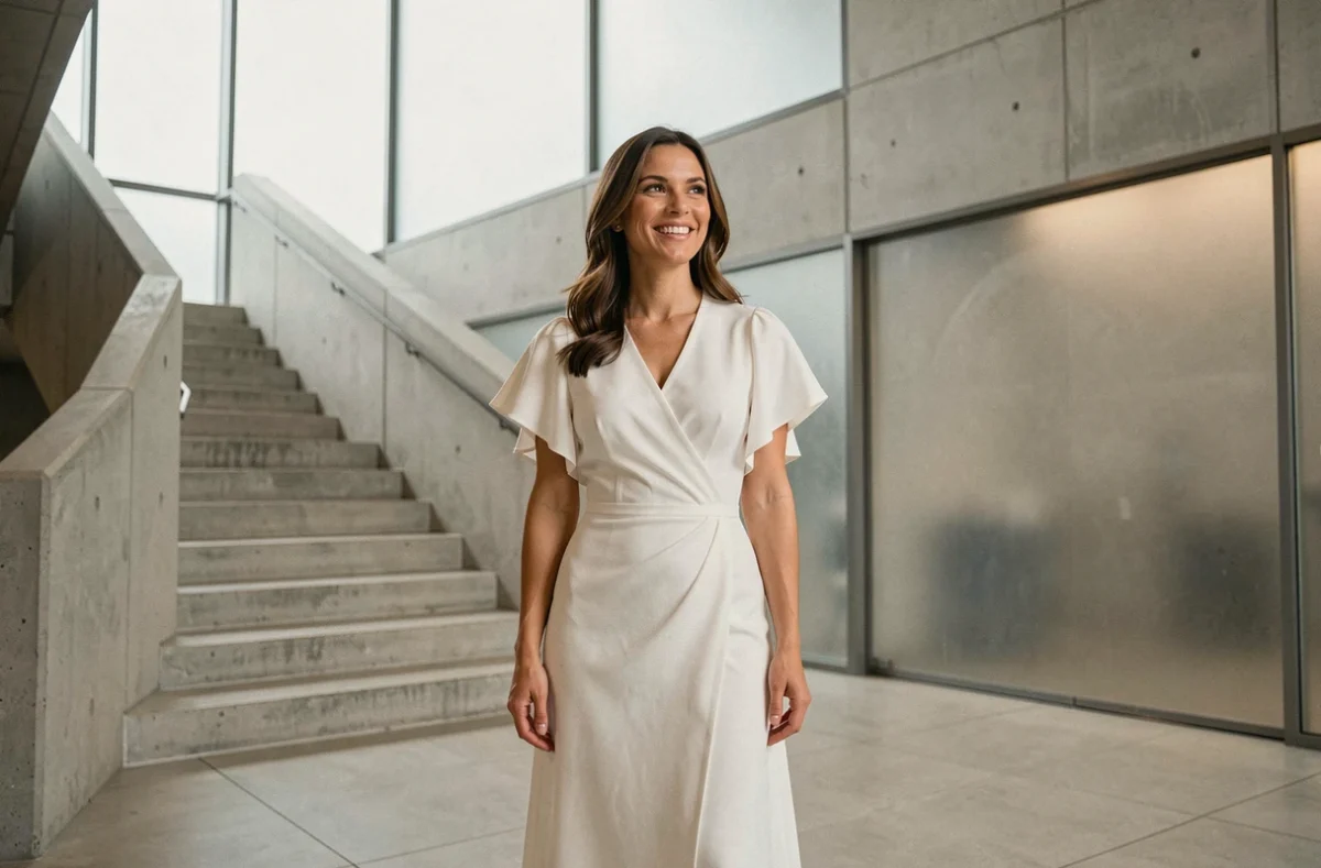 Robe blanche portefeuille tendance mariage civil dans une mairie moderne en 2026