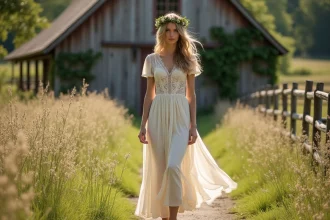 Femme en robe bohème ivoire avec broderies florales dans un champ de fleurs sauvages lors d'un mariage champêtre
