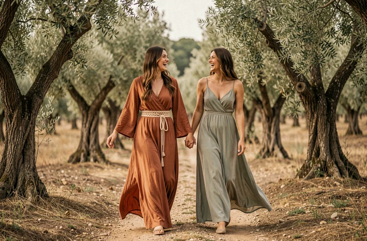Mariée et demoiselle d'honneur en robes bohèmes terracotta et sauge marchant dans une oliveraie