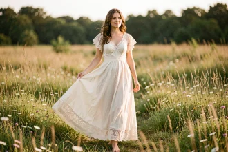 Femme en robe de mariée bohème ivoire avec dentelle dans une prairie de fleurs sauvages