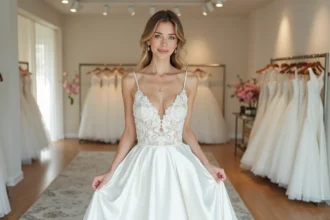 Femme en robe de mariage élégante dans une boutique moderne
