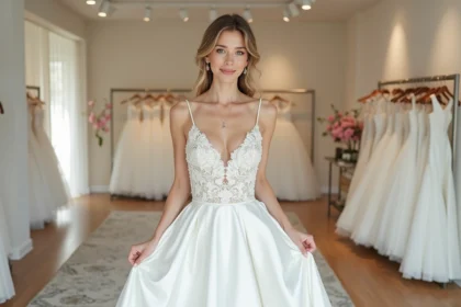 Femme en robe de mariage élégante dans une boutique moderne